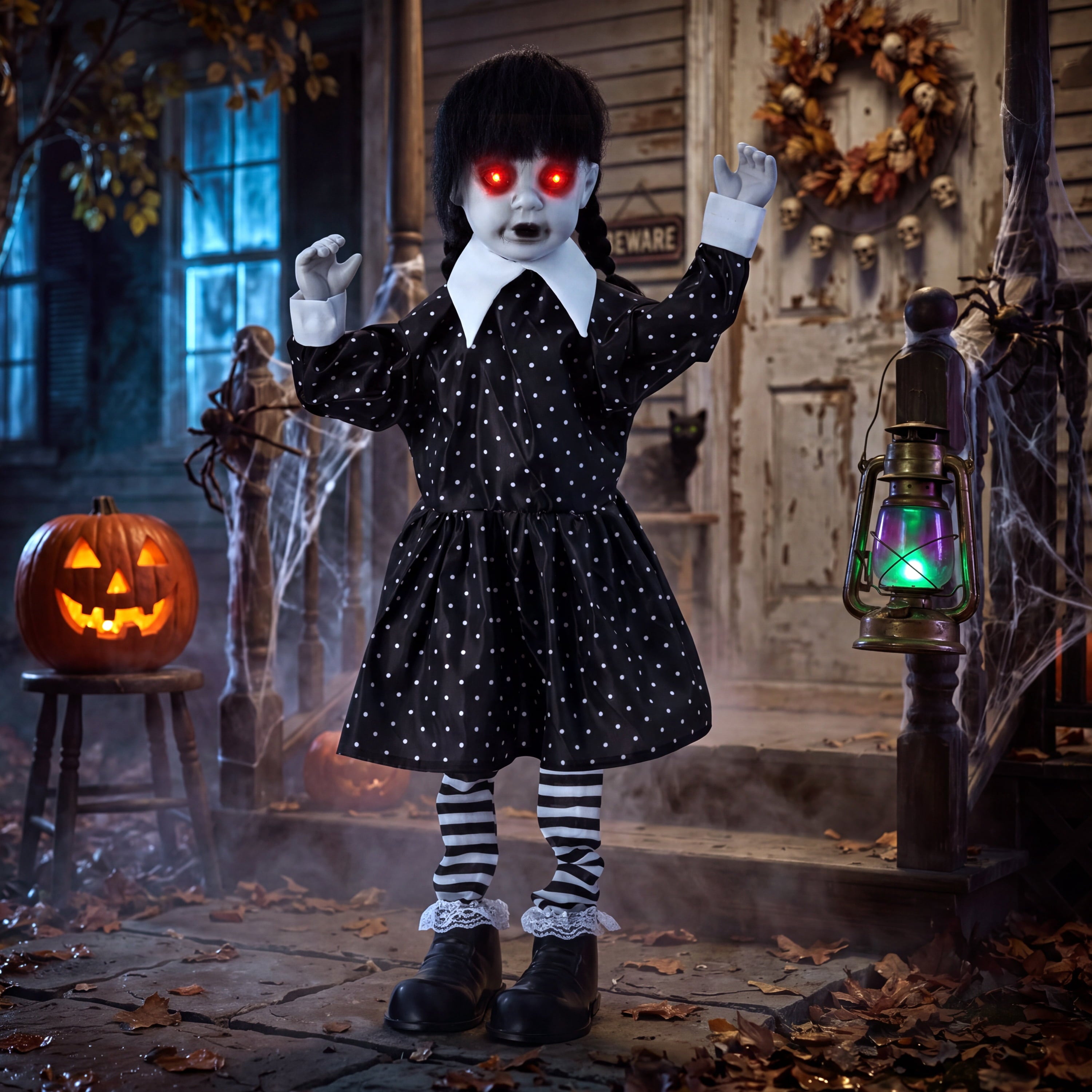 Joyfy 67" Standing Grim Reaper with Chain, Large Halloween Decorations Outdoor, Life Size Animatronics Skelton, Sound-Actived Party Decor with Creepy Sound & LED Eyes, Scary Haunted House Props