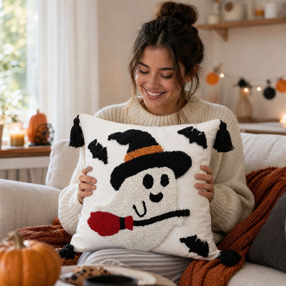 Halloween Ghost Reading Book Throw Pillow Cover, Spooky Library Bookshelf Skull Candlestick Decorative Pillowcase, Retro Halloween Cushion Cover