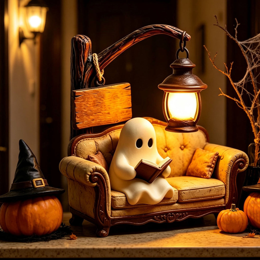 Outdoor Safe Halloween Ghost Figurine With Pumpkin Candy Bowl, Front Porch and Yard Statue, Indoor Outdoor Decorative Ghost for Treats and Decor