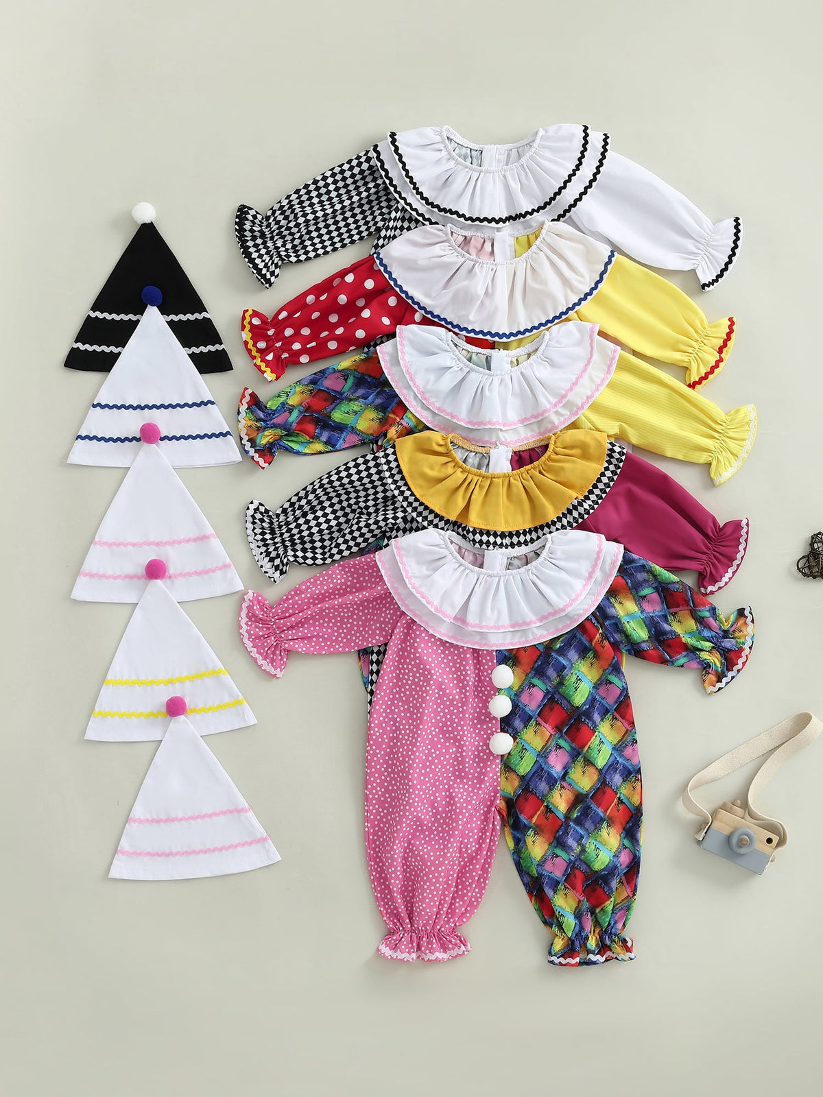 RUINIXCW Kids Toddler Baby Girl Boy Halloween Outfit Clown Costume Infant Baby Girl Boy Romper Birthday Photoshoot Outfit Contrast Color Long Sleeve Jumpsuit Hat