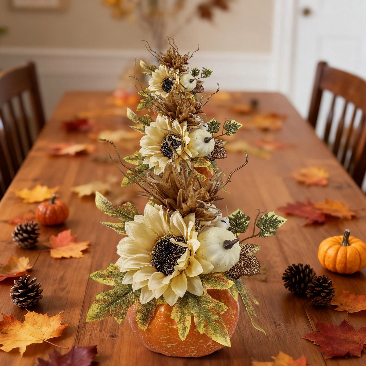Taicans ‌12in Fall Decor Pumpkin Centerpiece - Lightweight Foam Halloween & Thanksgiving Table Decor with Sunflower & Maple Leaves - Autumn Festival Home,Café Decorations