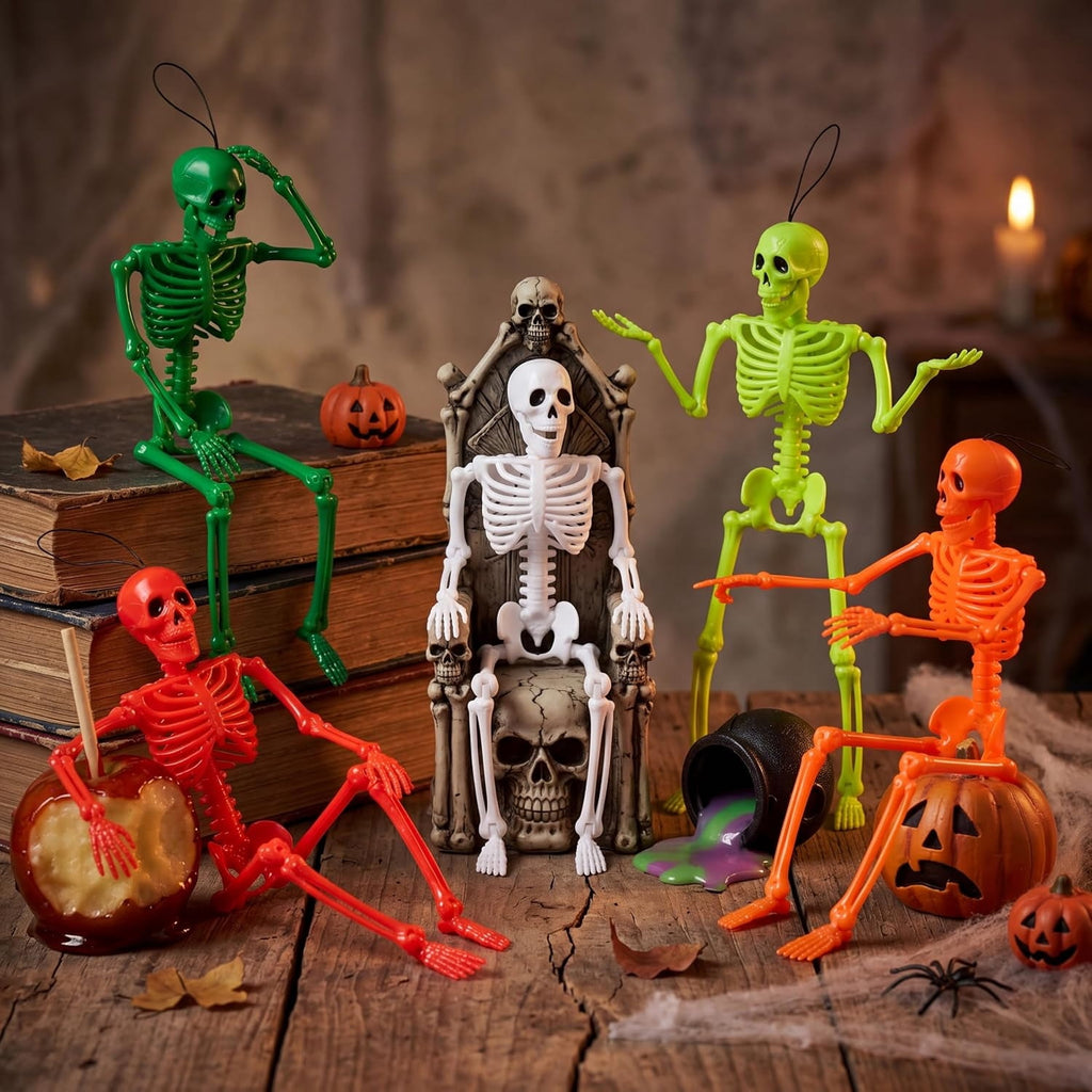 Joyfy 5 Pcs Halloween Skeleton Decorations,16 inch Full Body Poseable Skeleton with Movable Joints for Halloween Indoor Outdoor Party,Graveyard,Haunted House Accessories,White