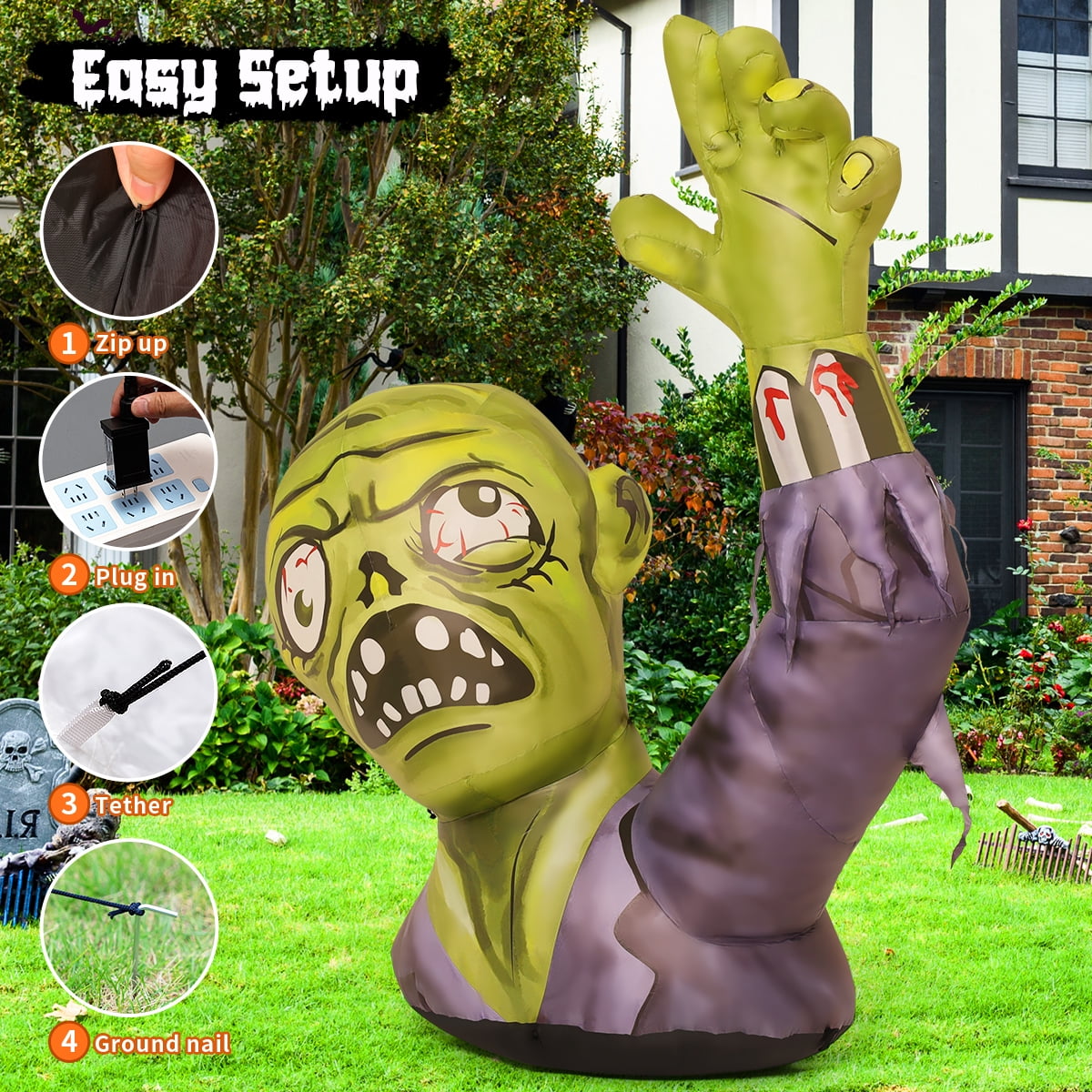 GOOSH Halloween Inflatable 5 FT Zombie Inflatable Shaking Hands, Zombie Inflatable Halloween Decorations Scary Halloween Blow Ups with LED Lights, Halloween Inflatables Clearance for Holiday/Party