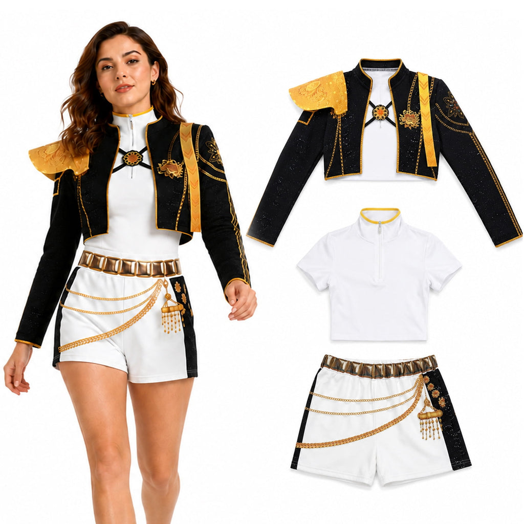 Pop Star Cosplay Costume for Women, Black Gold Military Jacket Shorts Set for Stage & Halloween Theme Party
