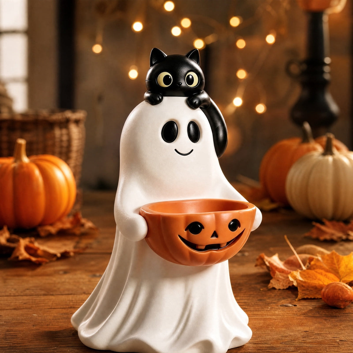 13.7" Halloween Ghost Figurine with Pumpkin Candy Bowl, Indoor Outdoor Safe Ghost Statue for Porch Yard Garden Decoration, Freestanding Halloween Porch Decor