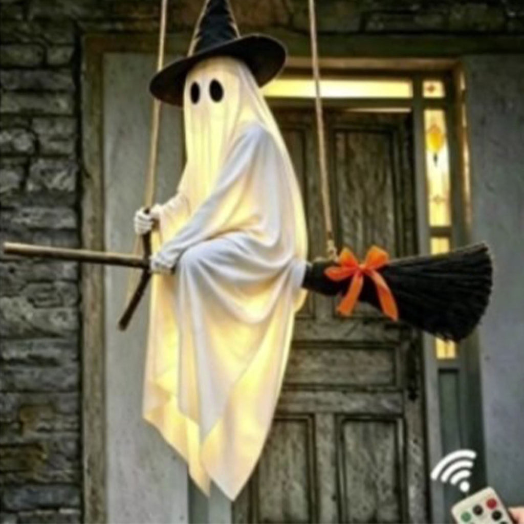 Outdoor Halloween Decorations Large Hanging Ghost and Witch Broom with Lights, Spooky and Cute Ghost Decor for the Front Porch, Yard