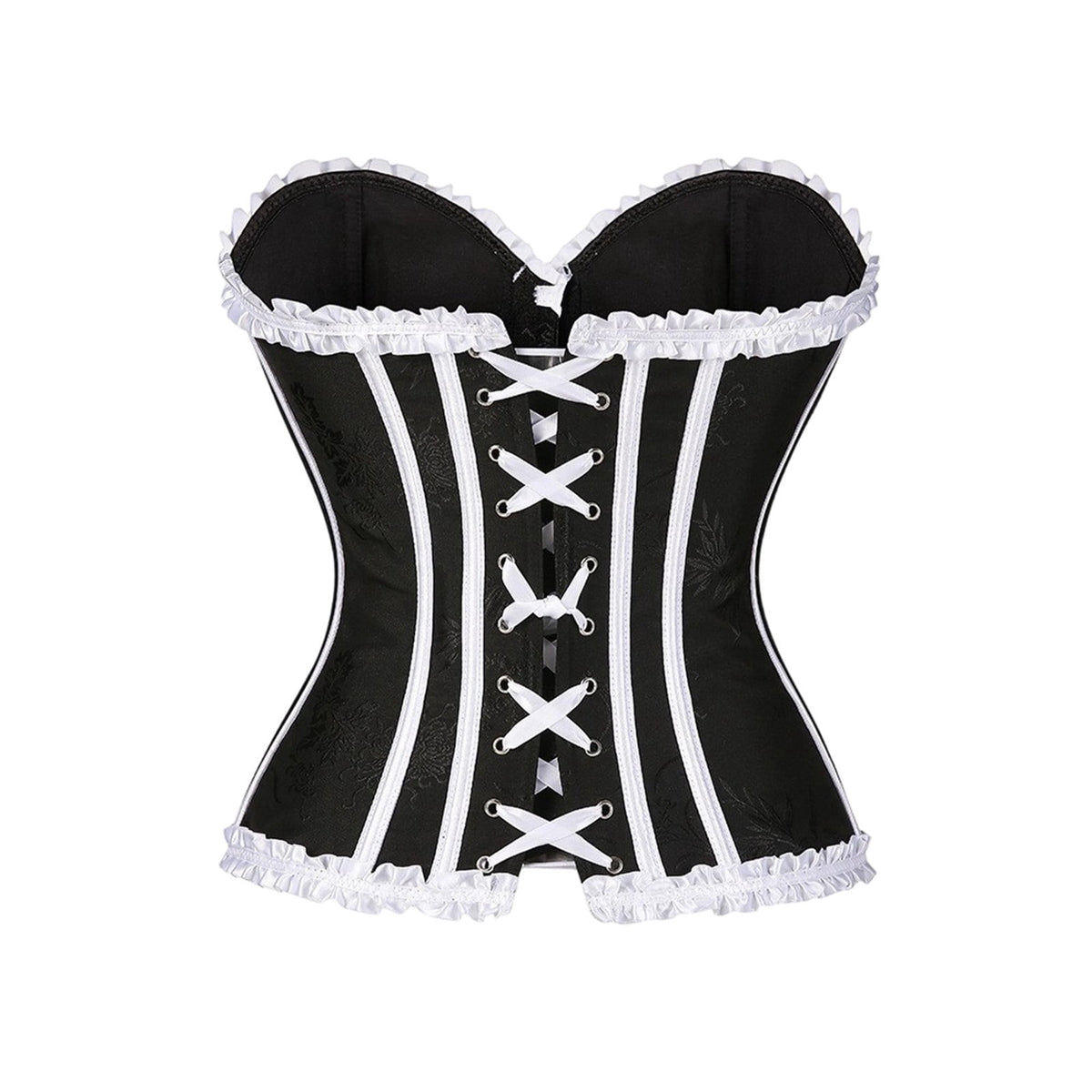 JOANKDMI Women's Chic Gothic Steampunk Corset Top with Ribbon Tie and Ruffle Trim Elegant Bustier for Pirate Roleplay and Vampire Halloween Dress Up Outfit