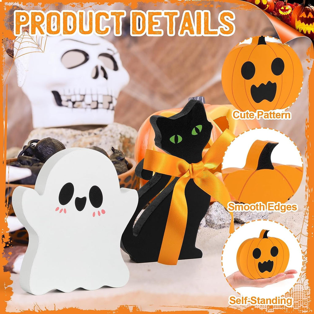 Halloween Decorations Indoor Halloween Tiered Tray Decorations Cute Ghost Wooden Decor Halloween Tabletop Decorations Pumpkin Blocks Signs for Home Decoration Set of 3