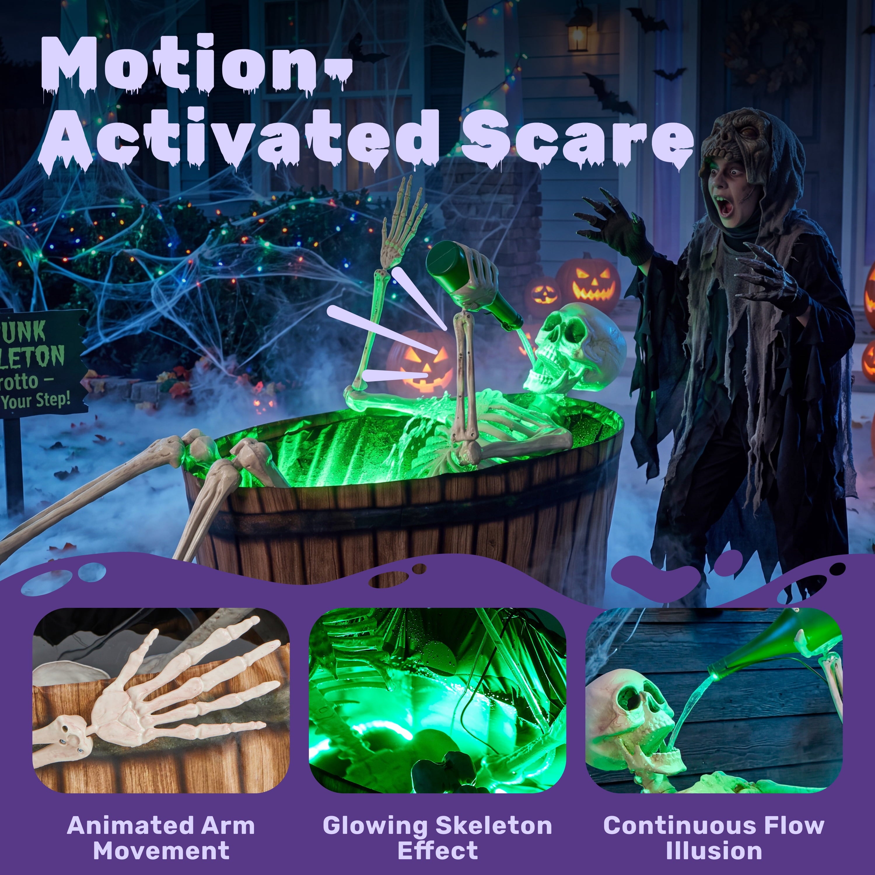 Joyfy 5ft Drinking Skeleton Halloween Animatronic Decorations, Outdoor Haunted Props with Endless Liquid Pouring Effect, Green LED Lights & Spooky Sounds, Life-Size Skeleton for Garden Yard Lawn