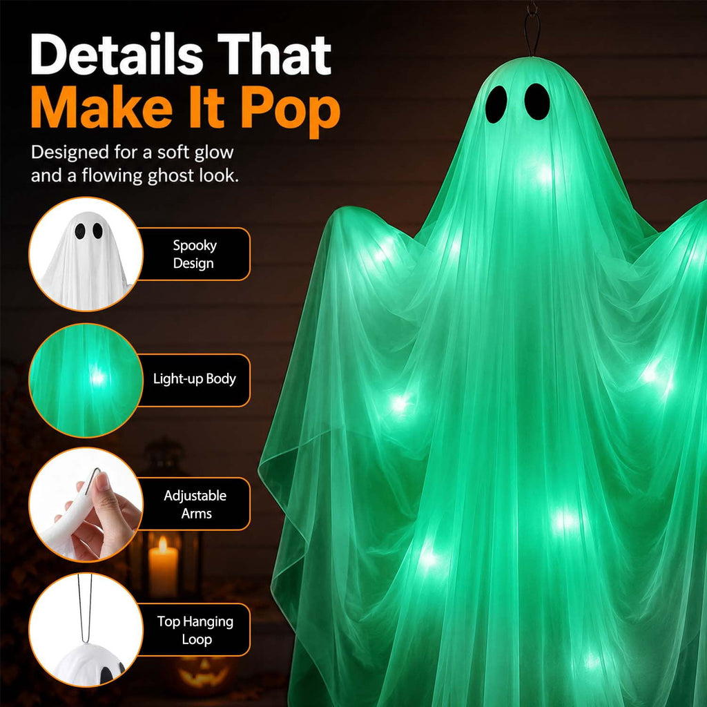 Ayieyill Halloween Ghost Decor with Warm White LED Light, 47” Light up Hanging Ghost Halloween Yard Porch Decorations Outdoor
