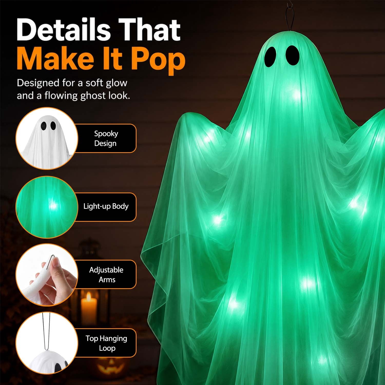 Ayieyill Halloween Ghost Decor with Warm White LED Light, 47” Light up Hanging Ghost Halloween Yard Porch Decorations Outdoor
