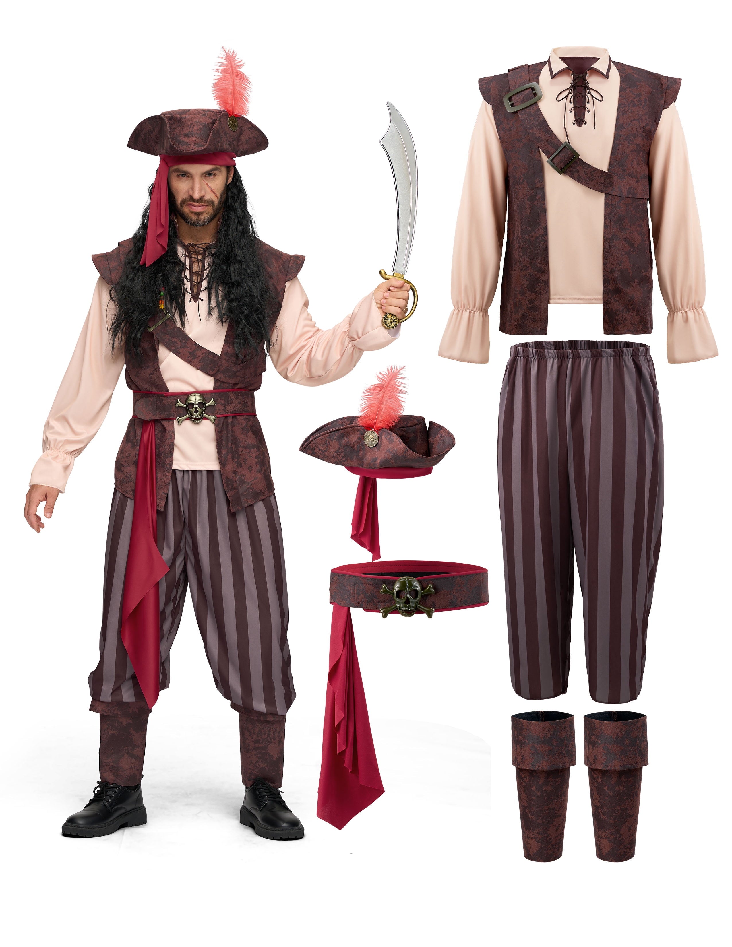 Joyfy Men Pirate Costume Set, Adult Halloween Costume Renaissance Medieval Viking Pirate Costume for Halloween Fancy Dress Up Party Cosplay
