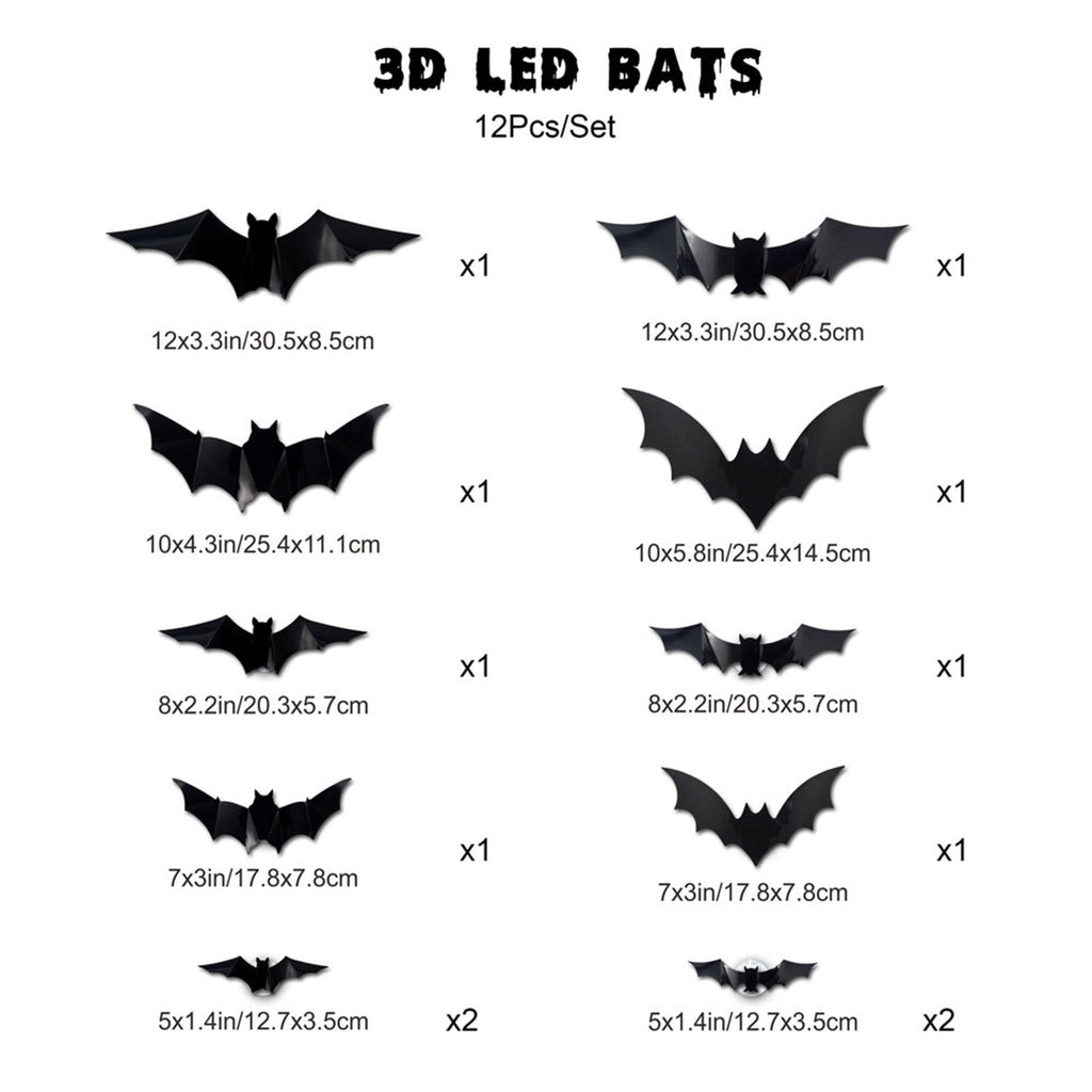 CQHVKQ 60 PCS Halloween Bats Decorations, Realistic 3D LED Bats Wall Stickers Decor, Assorted Size Removable Lighted PVC Bats DIY Wall Sticker for Halloween Party, Bedroom, Home, Indoor and Outdoor