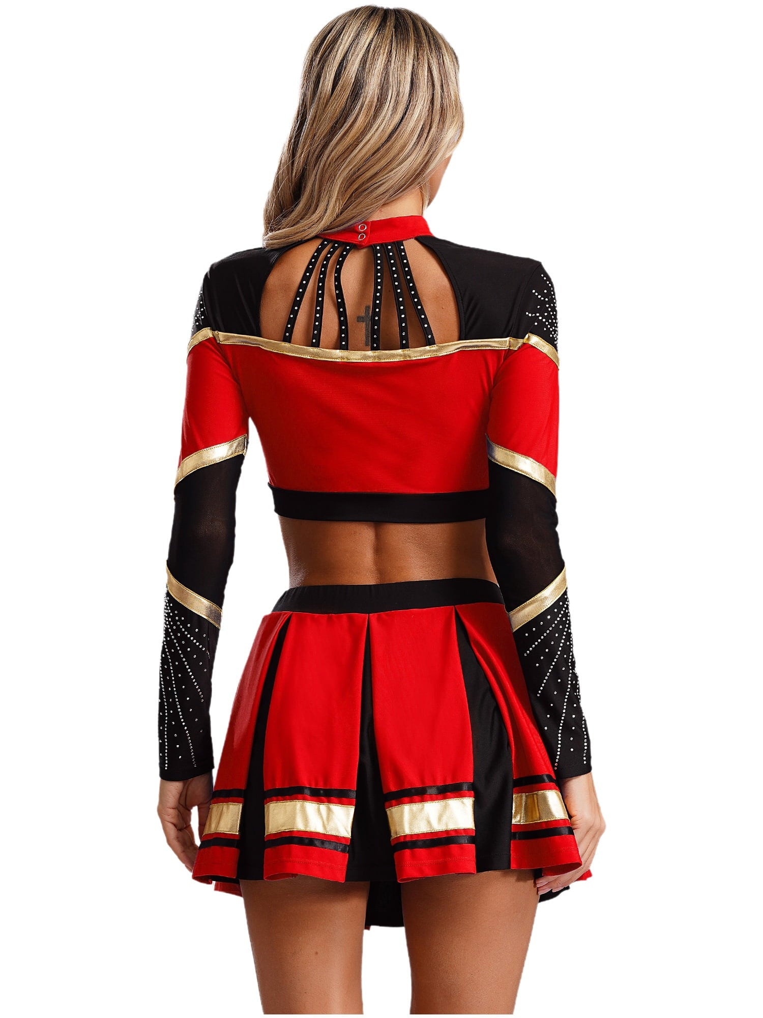 TiaoBug Women Cheer Leader Uniform Dance Cheerleading Costume Long Sleeve Crop Top with Mini Skirt White S