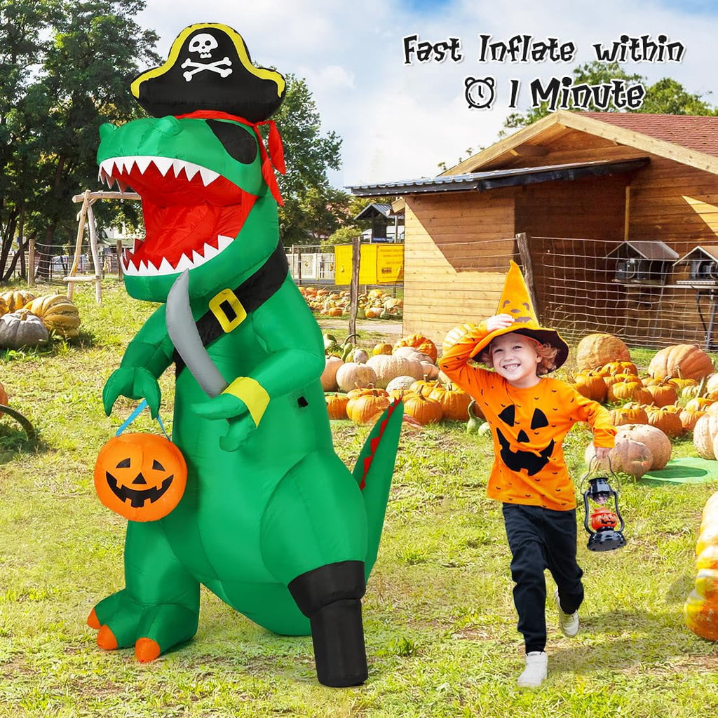 GOOSH 7FT Outdoor Halloween Decorations Halloween Dinosaur Inflatable, Halloween Inflatables Blow up Dinosaur, Green Pirate Dino Halloween Decorations Dinosaur Halloween Inflatable for Holiday/Party