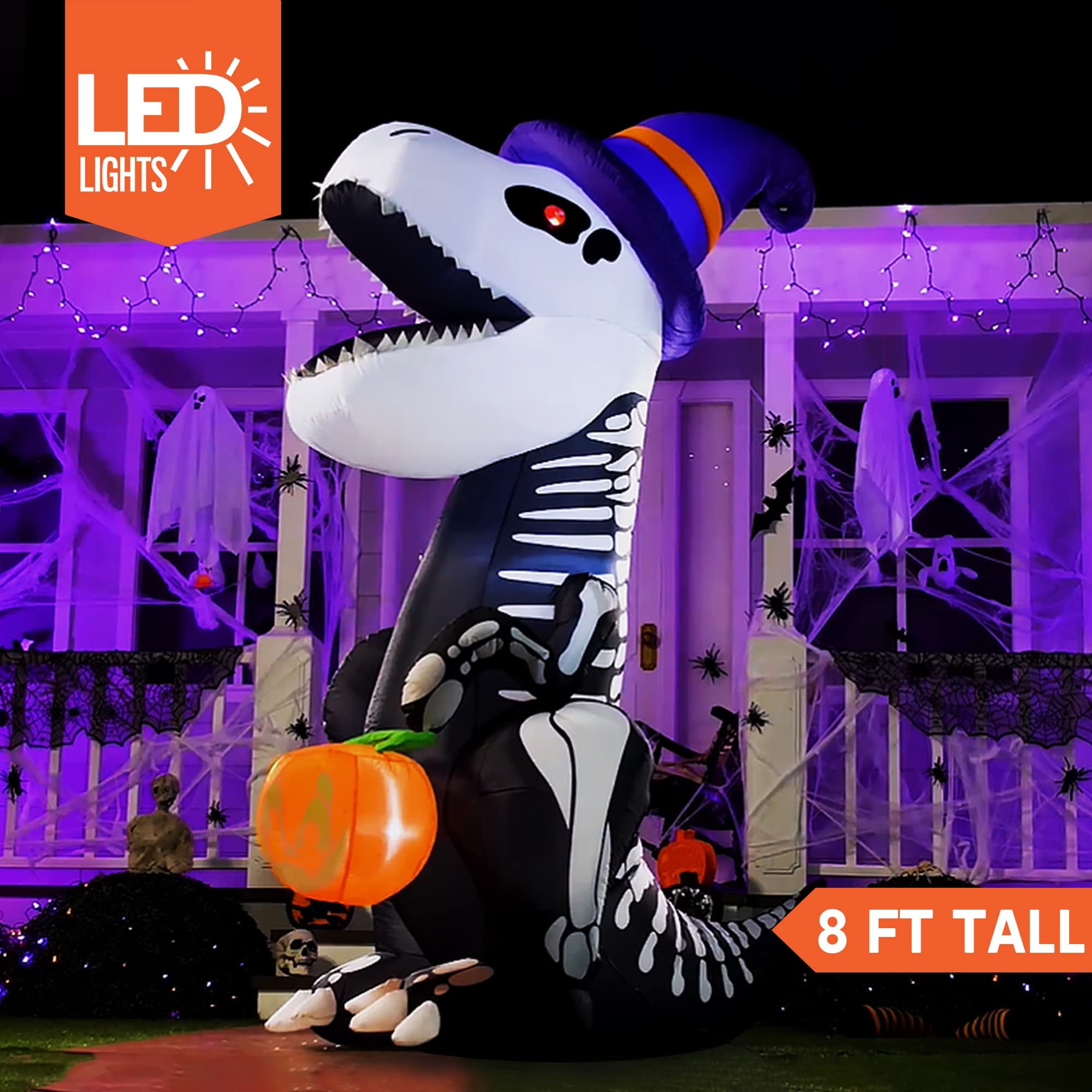 Joyfy 8 FT Halloween Inflatable Skeleton Dinosaur with Build-in LEDs Pumpkin Decorations,Halloween Outdoor Decorations Blow up Yard Decorations