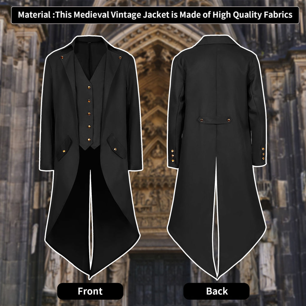 WASFDN Medieval Halloween Costumes Men's Gothic Steampunk Tailcoat Men's Medieval Victorian Jacket For Carnival Masquerade Costume,Black,XL