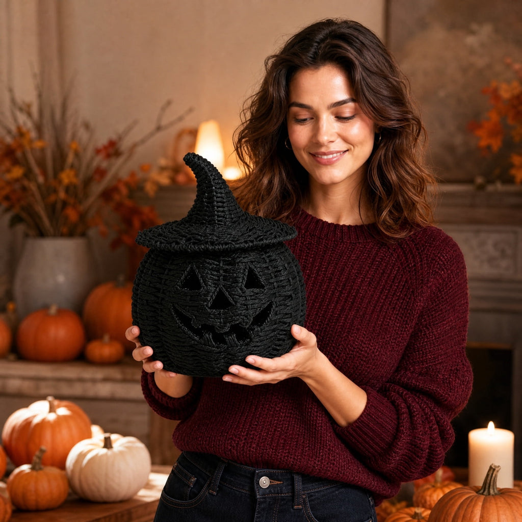 Halloween Woven Seagrass Pumpkin For Spooky Halloween Candy Storage And Home Decor, Black Handcrafted Witch Hat Woven Seagrass Pumpkin For Festive Parties, Premium Decorative Woven Seagrass Pumpkin