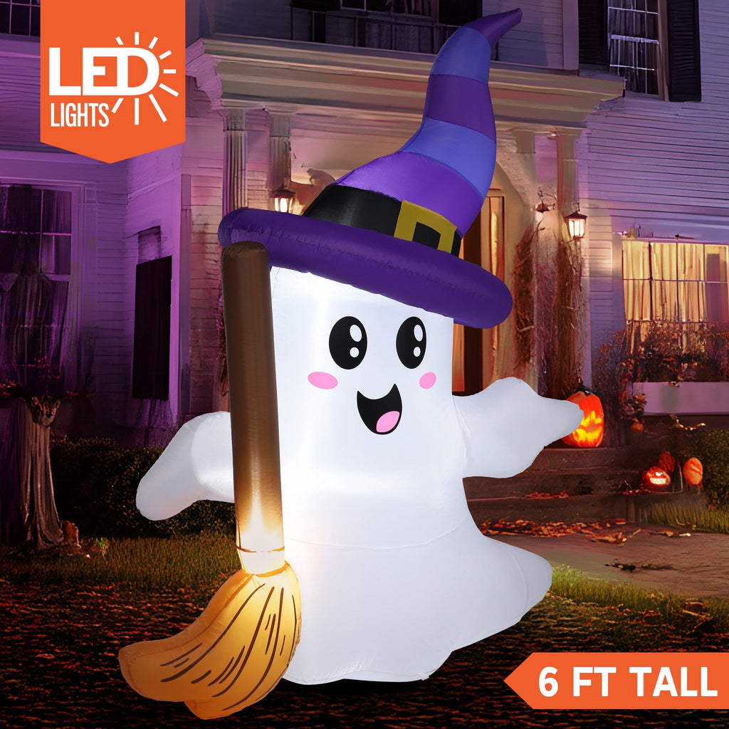 Joyfy 5ft Halloween Inflatables Light up Cute Ghost,Blow Up Ghost Lift Pumpkin Candy Bag with Build-in LEDs for Yard Decorations