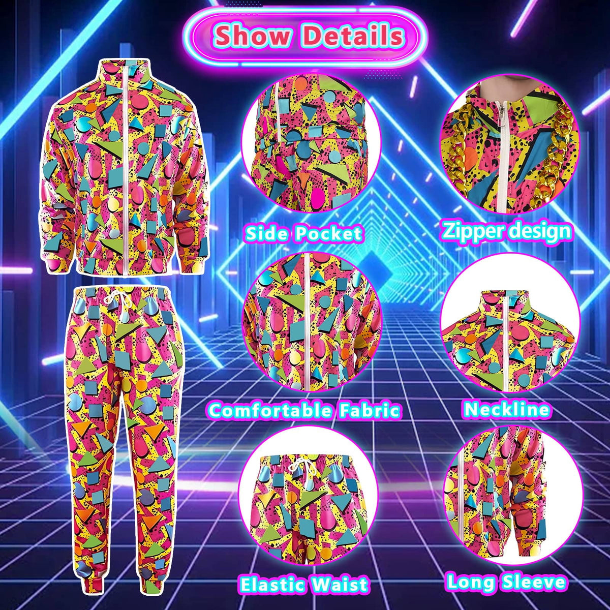 GYQMBT 80s 90s Men's Sportswear, Party Hip Hop Windbreaker 90s Disco Sportswear, 80s Adult Bizarre Costume 8 Piece Set, Black, M