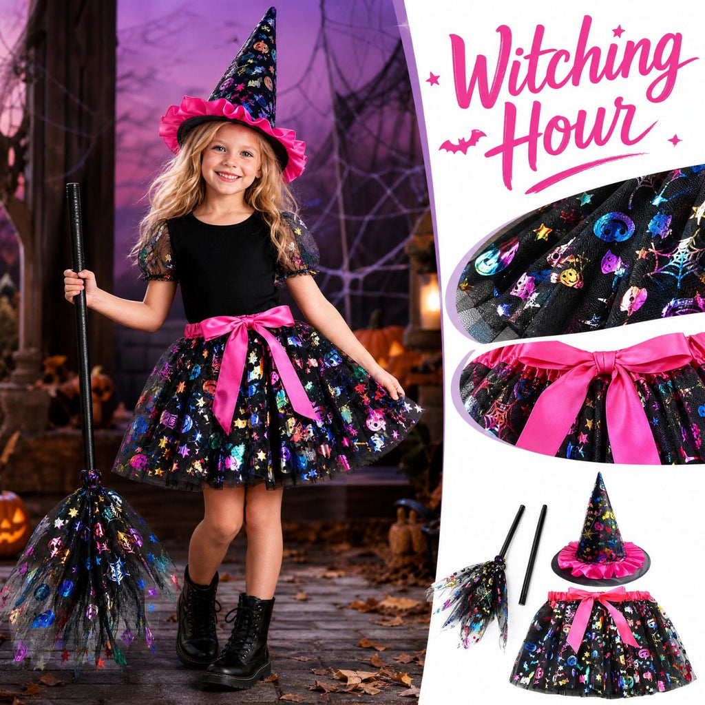 choiix Witch Tutu Skirt and Hat Set with Broomstick Halloween Costume Outfit with Printed Tulle Skirt and Witch Hat Cosplay Outfit for Party 100