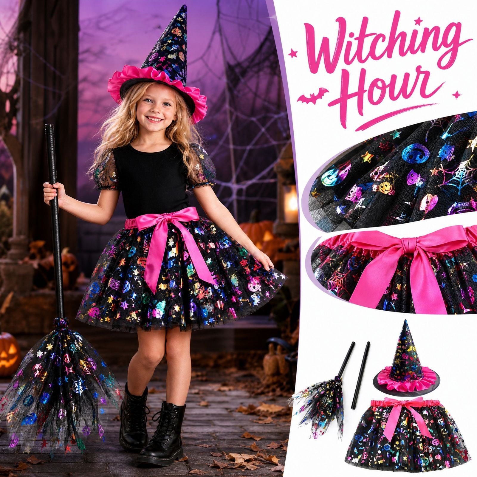 choiix Witch Tutu Skirt and Hat Set with Broomstick Halloween Costume Outfit with Printed Tulle Skirt and Witch Hat Cosplay Outfit for Party 100