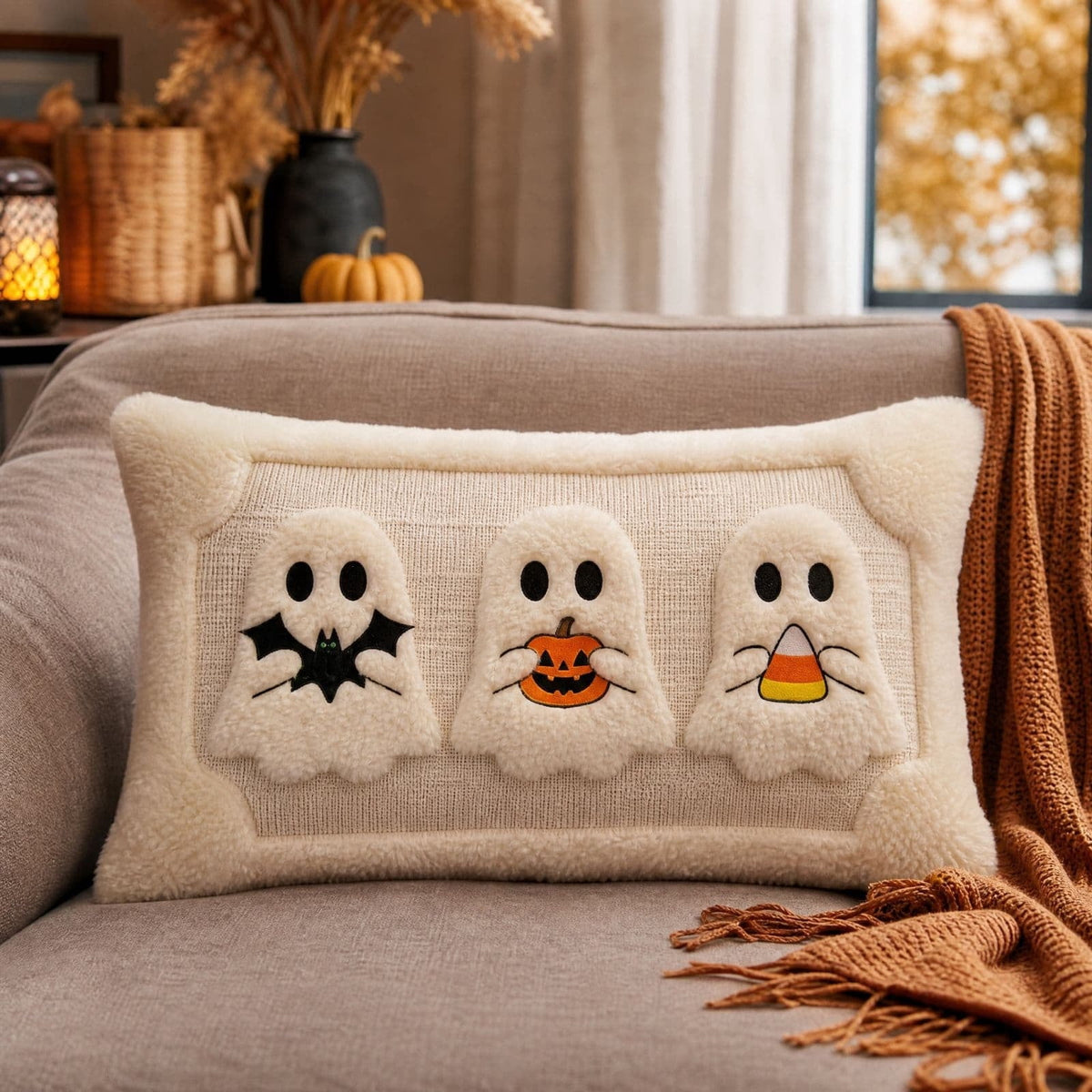 Halloween Ghost Reading Book Throw Pillow Cover, Spooky Library Bookshelf Skull Candlestick Decorative Pillowcase, Retro Halloween Cushion Cover