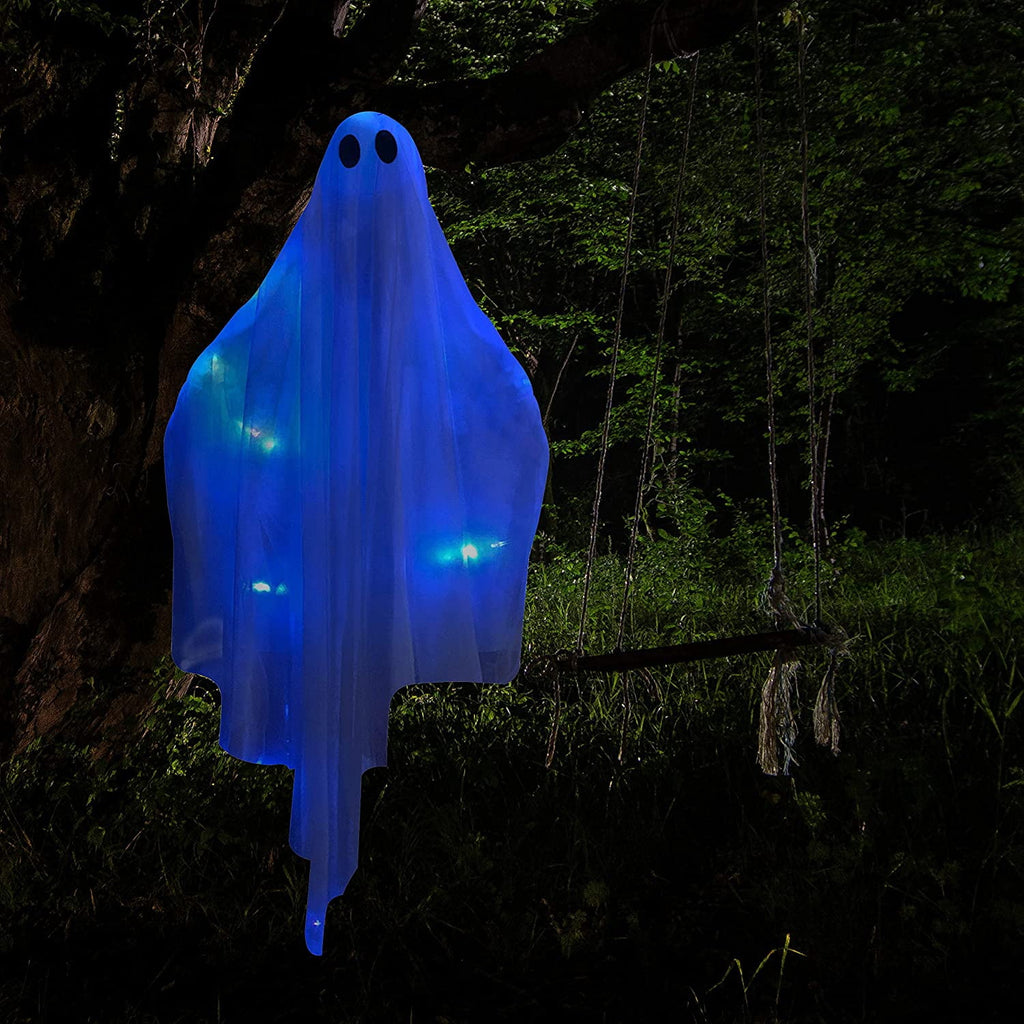 Ayieyill Halloween Ghost Decor with Warm White LED Light, 47” Light up Hanging Ghost Halloween Yard Porch Decorations Outdoor