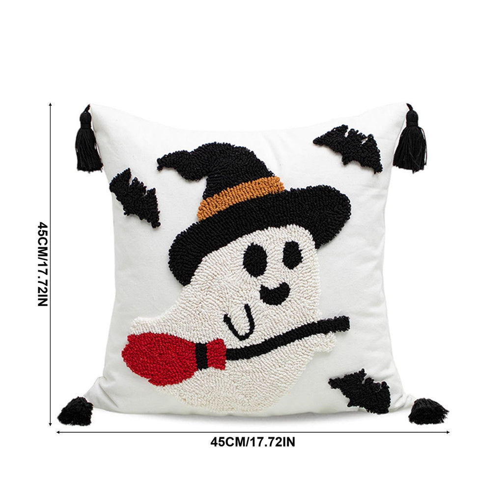 Halloween Ghost Reading Book Throw Pillow Cover, Spooky Library Bookshelf Skull Candlestick Decorative Pillowcase, Retro Halloween Cushion Cover