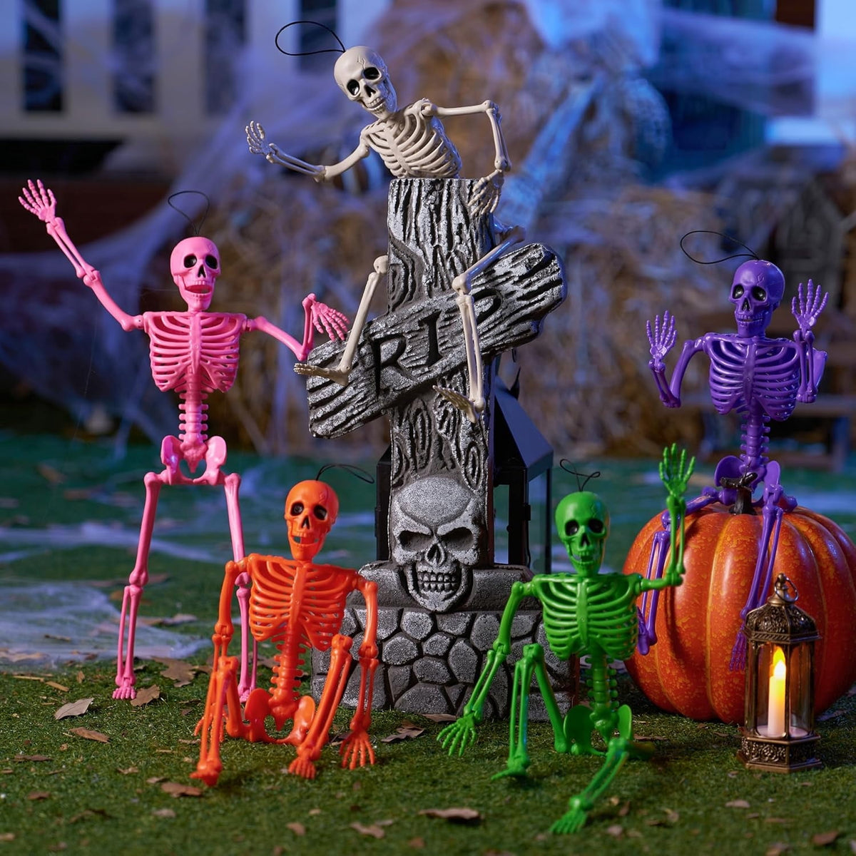 Joyfy 5 Pcs Halloween Skeleton Decorations,16 inch Full Body Poseable Skeleton with Movable Joints for Halloween Indoor Outdoor Party,Graveyard,Haunted House Accessories,White