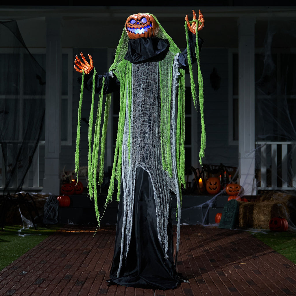 Joyfy 67" Standing Grim Reaper with Chain, Large Halloween Decorations Outdoor, Life Size Animatronics Skelton, Sound-Actived Party Decor with Creepy Sound & LED Eyes, Scary Haunted House Props