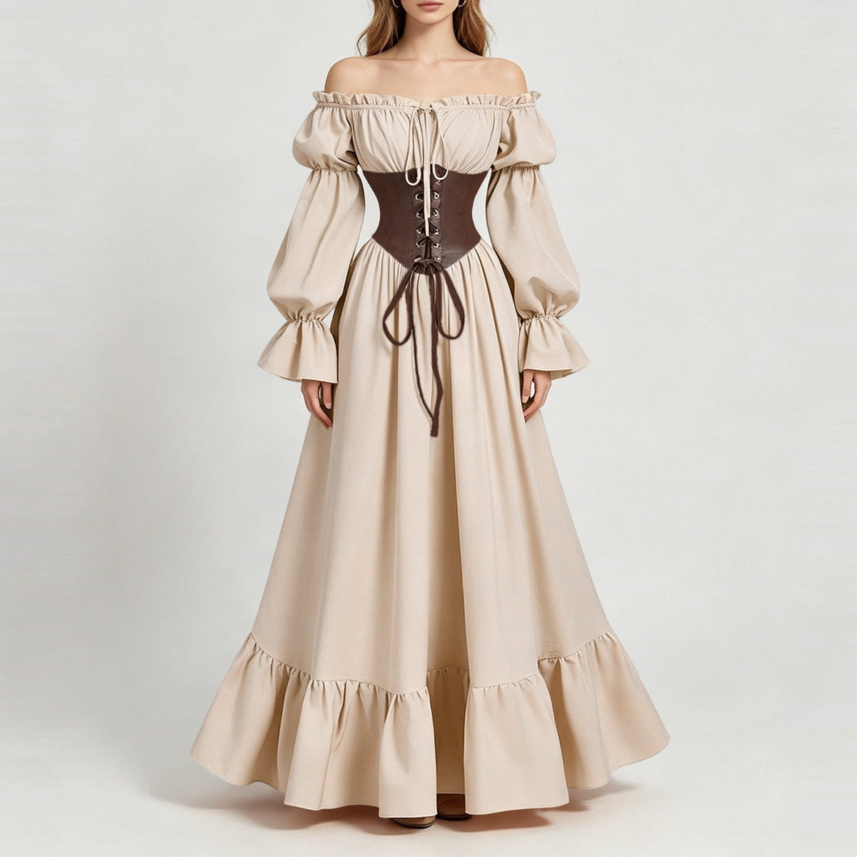 QATAINLAV Renaissance Costume Women Vintage Medieval Dress Cold Shoulder Short Sleeve Peasant Pirate Irish Maxi Dresses, Black, L