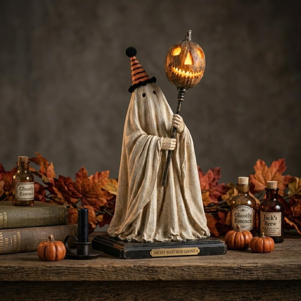 Lighted Vintage Ghost Figurine with Glowing Pumpkin Staff,Rustic Spooky Halloween Fall Decor for Mantel Shelf Entryways,Striped Party Hat Decorations,Vintage Indoor Figurines for Mantel