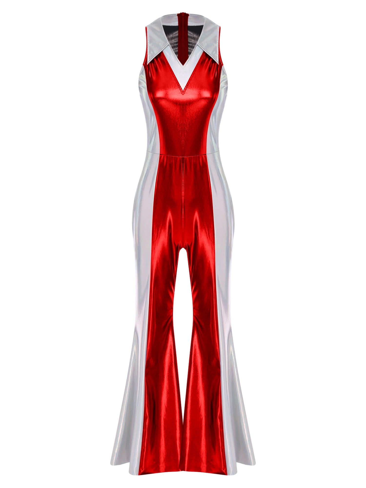 YiZYiF Womens 70s 80s Disco Costume Shiny Metallic Flared Pants Jumpsuit for Dance Party Halloween Gold S