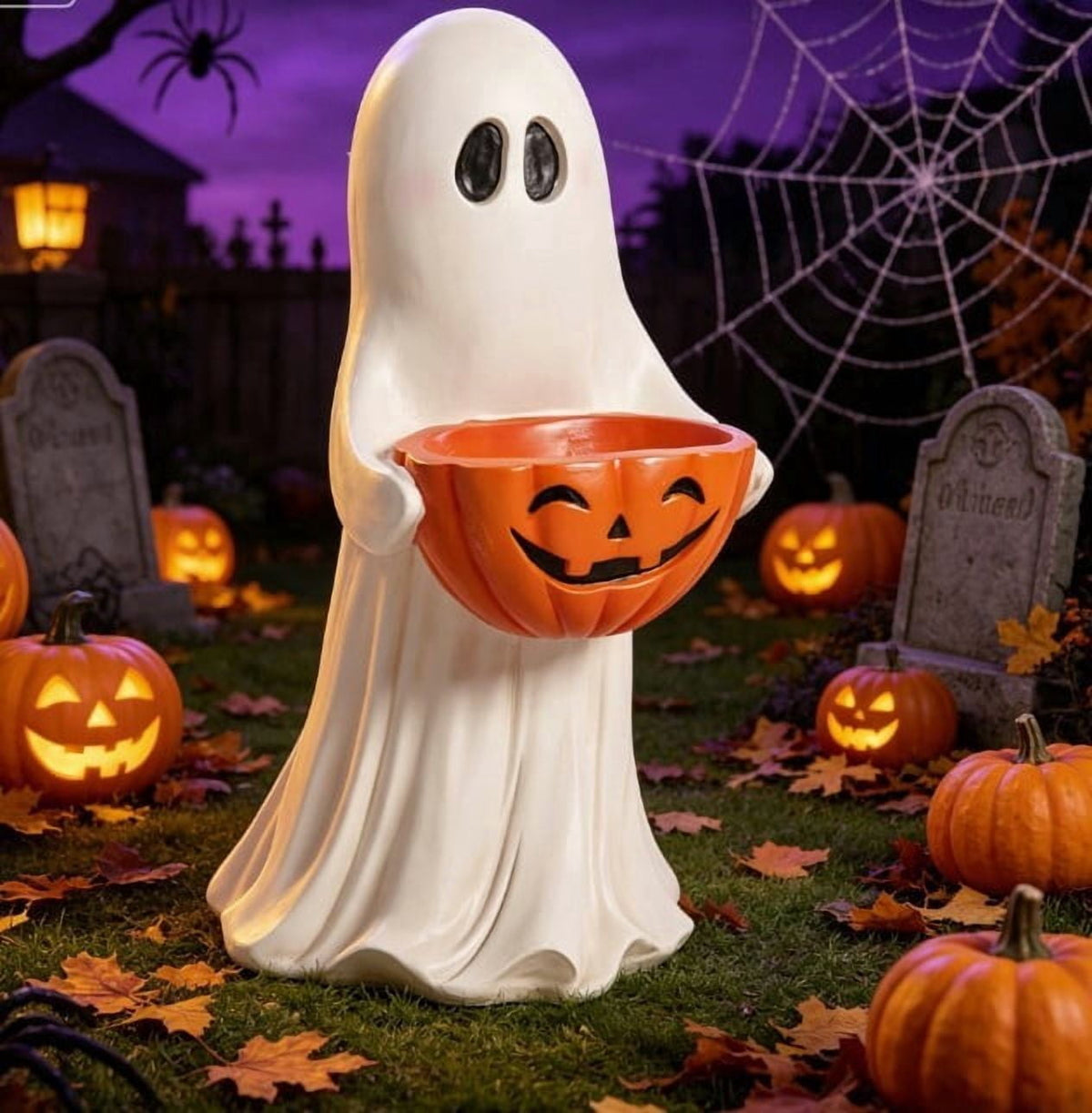 13.7" Halloween Ghost Figurine with Pumpkin Candy Bowl, Indoor Outdoor Safe Ghost Statue for Porch Yard Garden Decoration, Freestanding Halloween Porch Decor