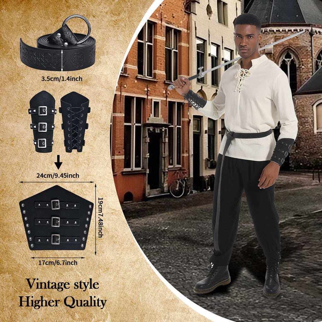MYATED 5 Pcs Halloween Men's Renaissance Costume Set Medieval Pirate Shirt Ankle Banded Pants Viking Costume Accessories Set,Black,M