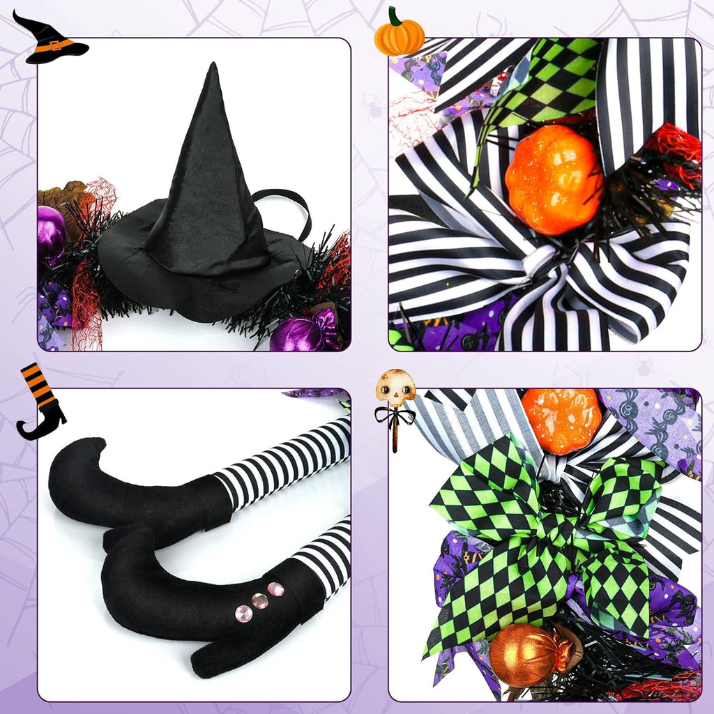 TETOU Halloween Wreaths for Front Door, 27" Witch Wreath Halloween Costumes, Autumn Door Wreath Witch's Hat and Legs Pumpkin Halloween Indoor & Outdoor Wall Decor