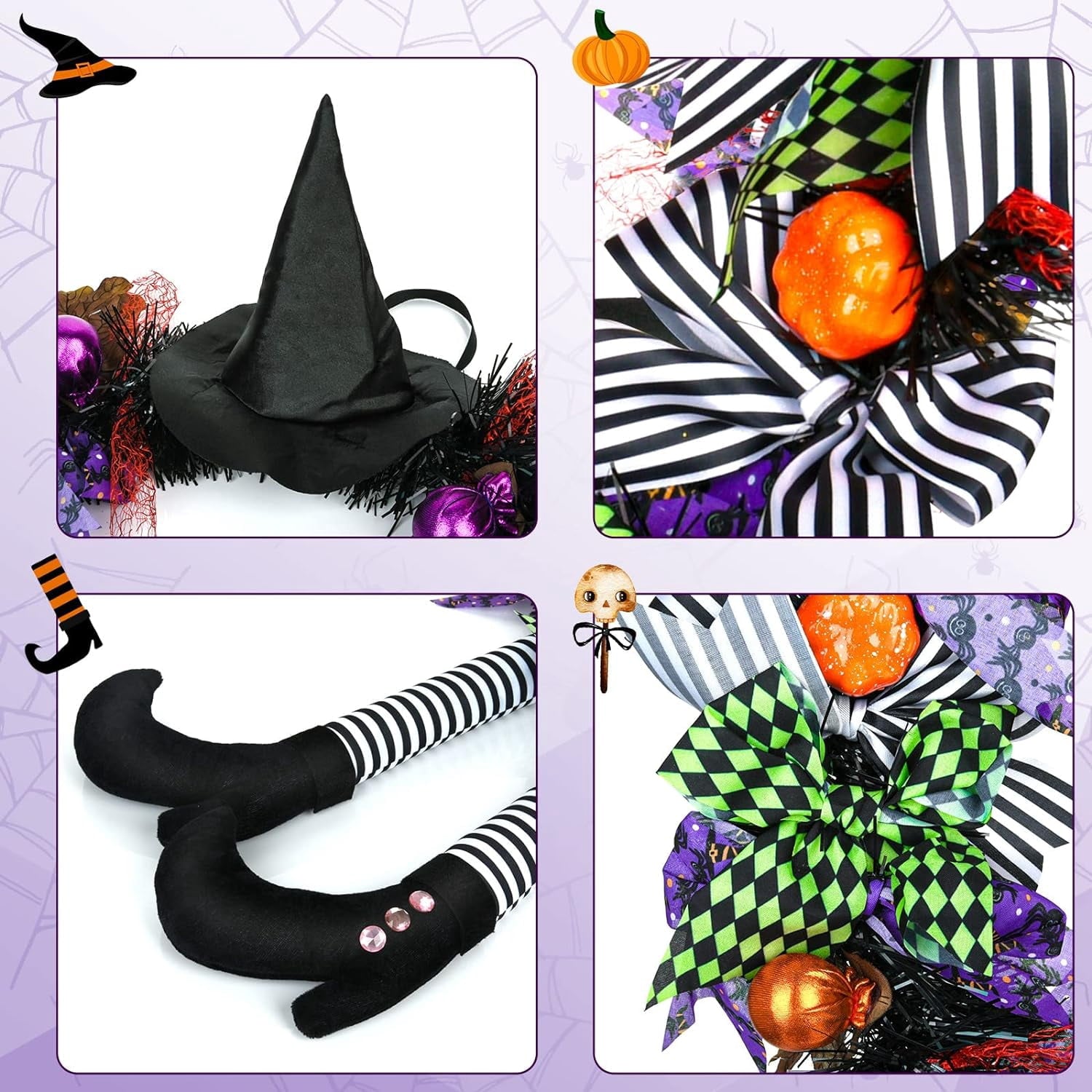 TETOU Halloween Wreaths for Front Door, 27" Witch Wreath Halloween Costumes, Autumn Door Wreath Witch's Hat and Legs Pumpkin Halloween Indoor & Outdoor Wall Decor