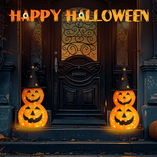 Alvantor 2-Pack 3 ft Lighted Pop-Up Pumpkin Halloween Decorations with Witch Hats and 150 LEDs Total, Orange and Black