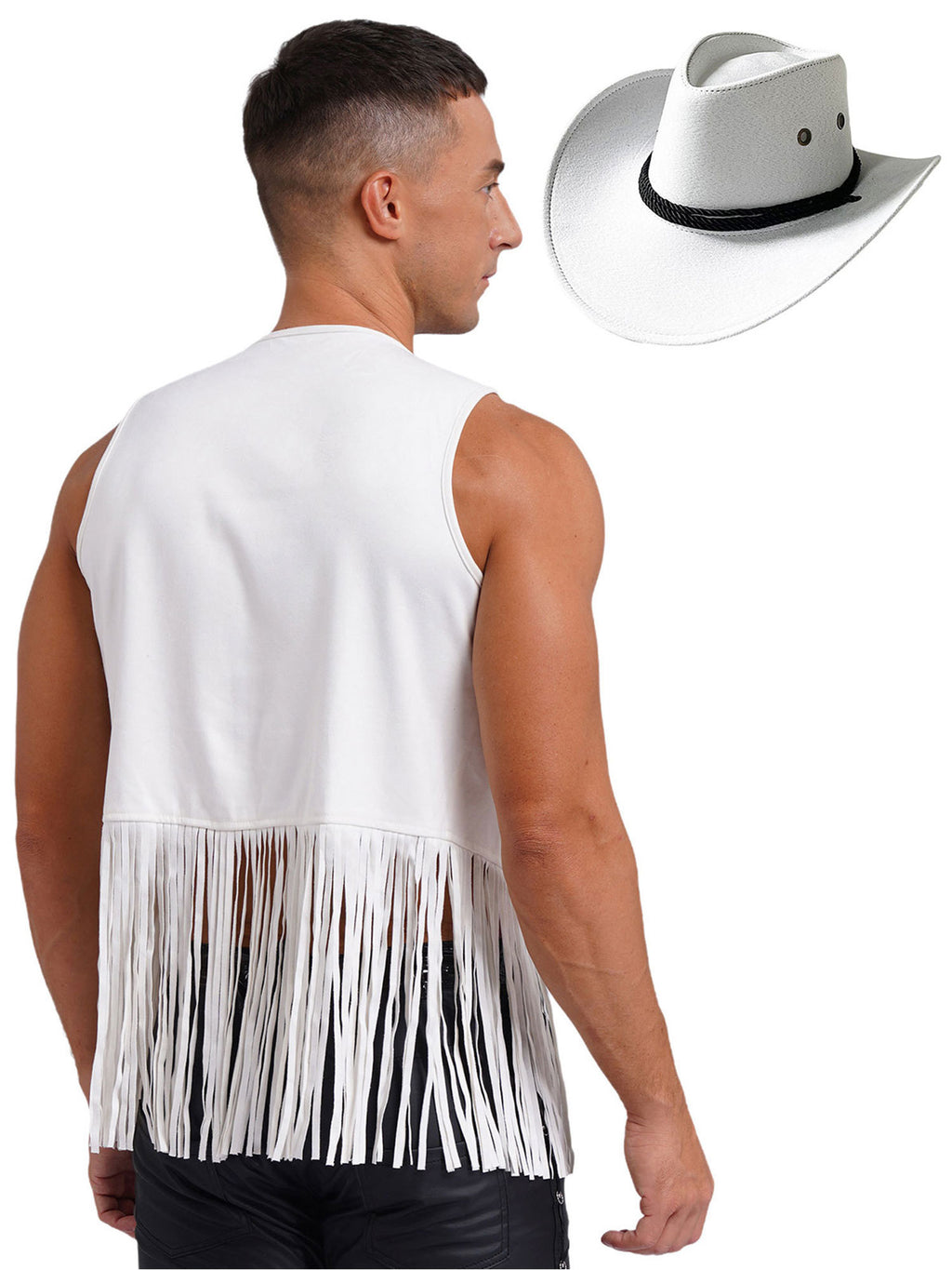 TiaoBug Men's Western Cowboy Cosplay Costume Tassel Rivets Waistcoat with Wide Brim Hats Sets Black L