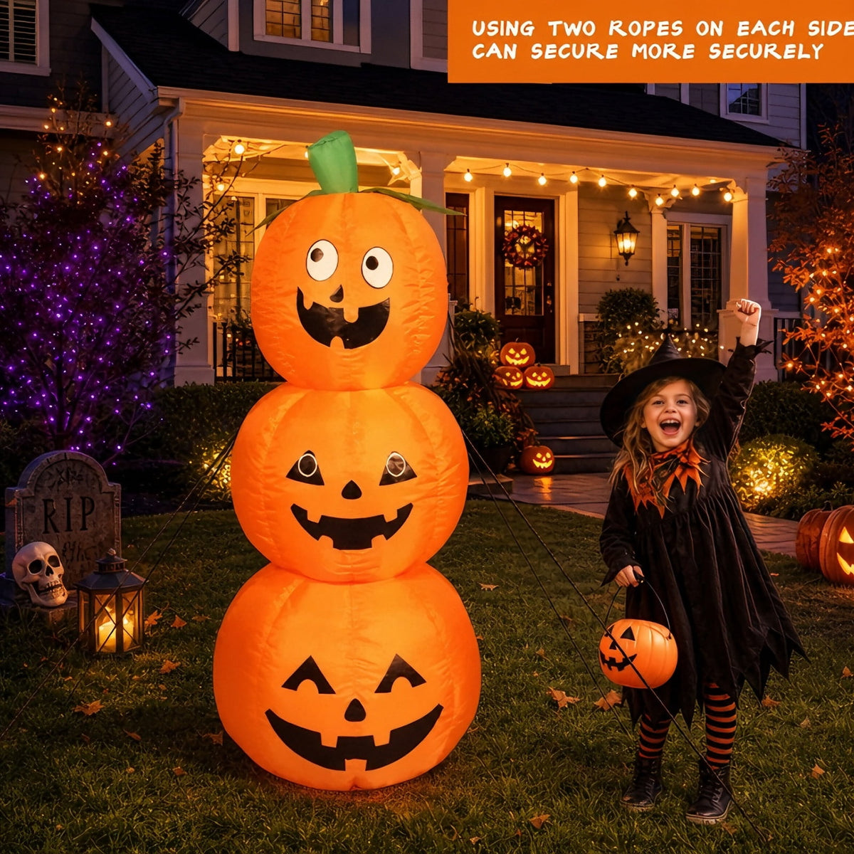 6 FT Halloween Inflatables Stacked Pumpkins Ghost with Build-in LEDs for Porch,Halloween Pumpkin Decor Blow up Yard Decorations