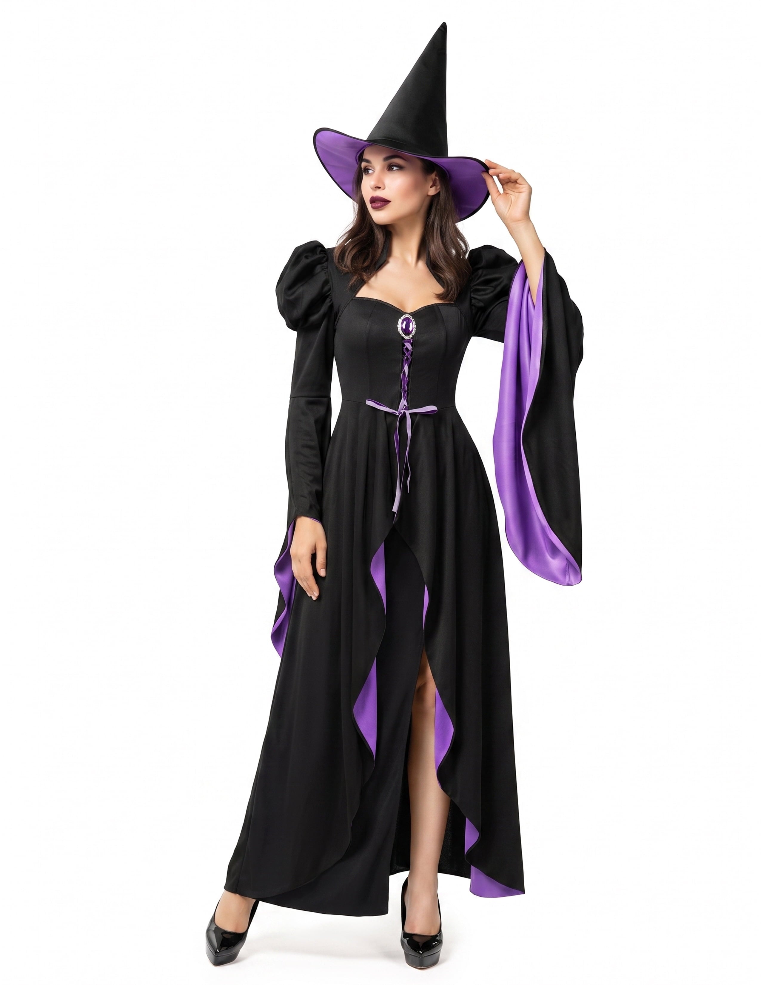 Joyfy Witch Costume for Women, Starry Witch Dress with Belt Hat for Adult Halloween Party Cosplay Dress up