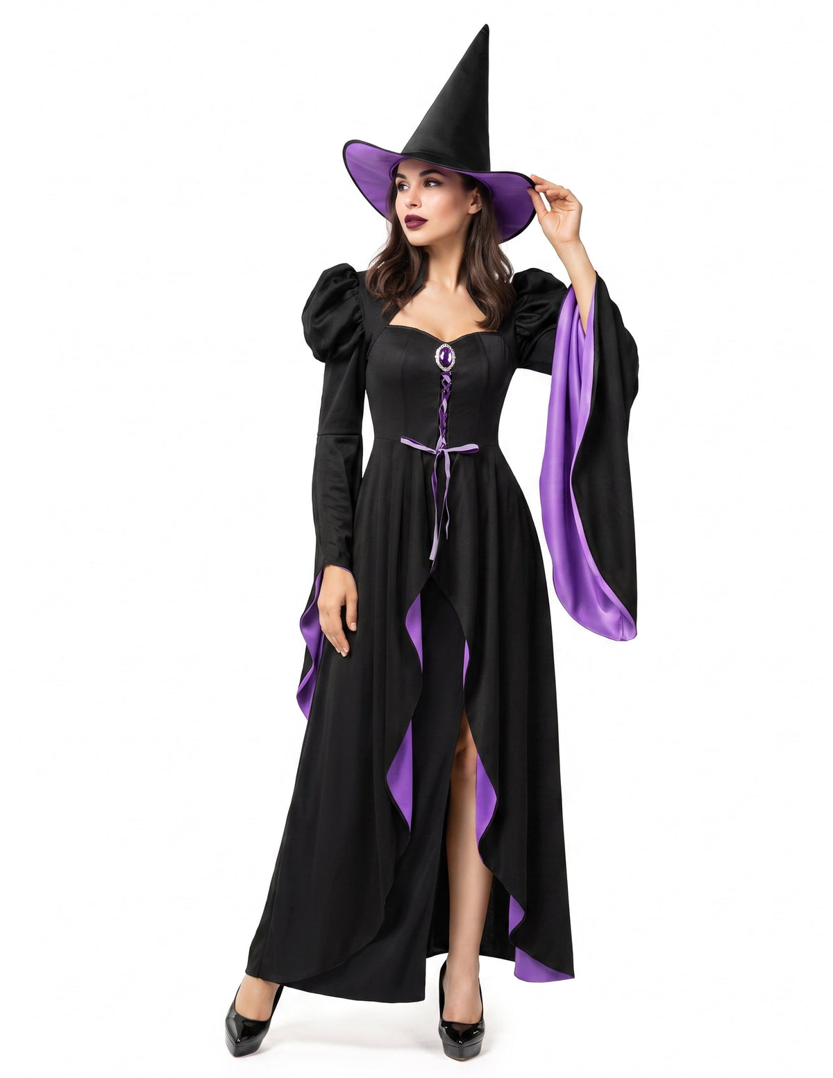 Joyfy Witch Costume for Women, Starry Witch Dress with Belt Hat for Adult Halloween Party Cosplay Dress up