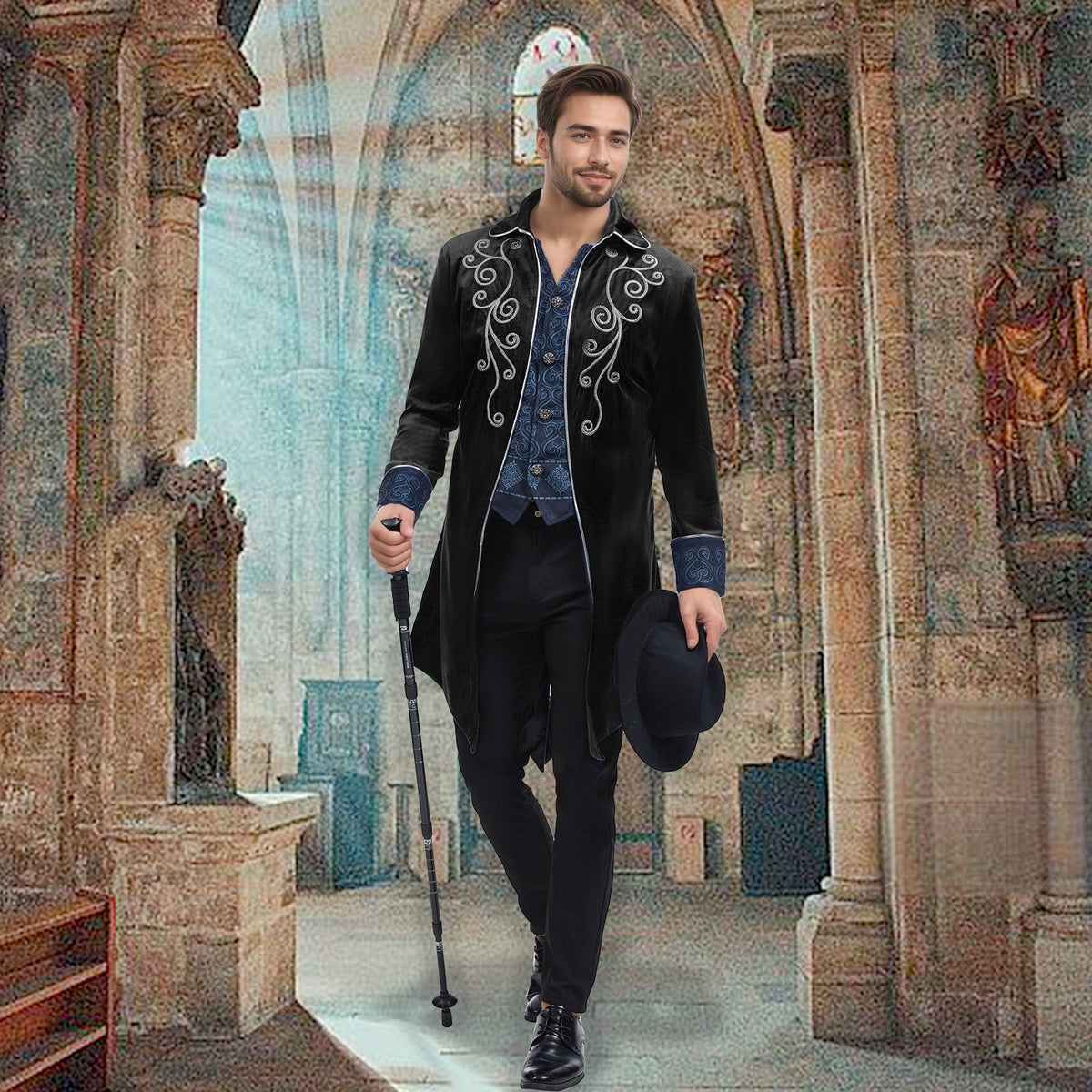 GYQMBT Men Medieval Steampunk Tailcoat Jacket Gothic Victorian Frock Coat Uniform Halloween Party Cosplay Gentleman Costumes, Blue, XL