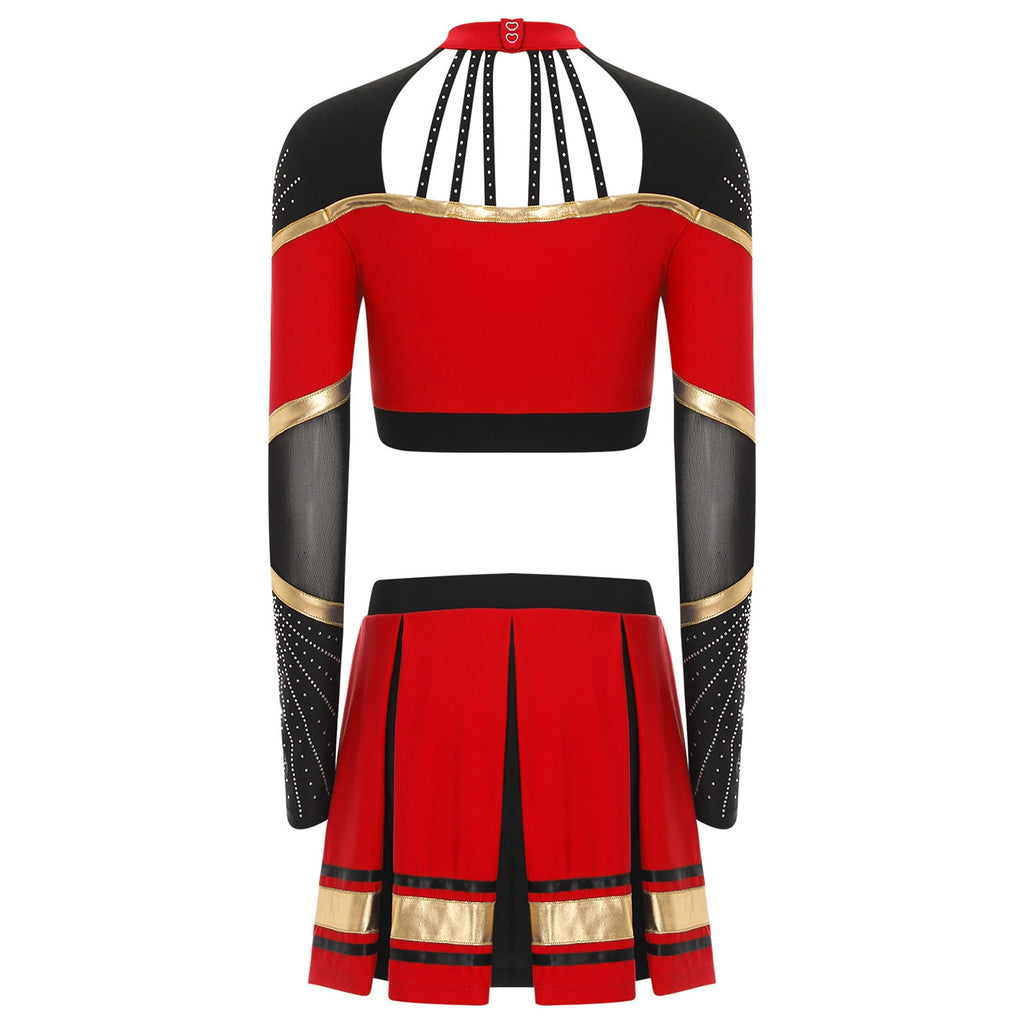 TiaoBug Women Cheer Leader Uniform Dance Cheerleading Costume Long Sleeve Crop Top with Mini Skirt White S