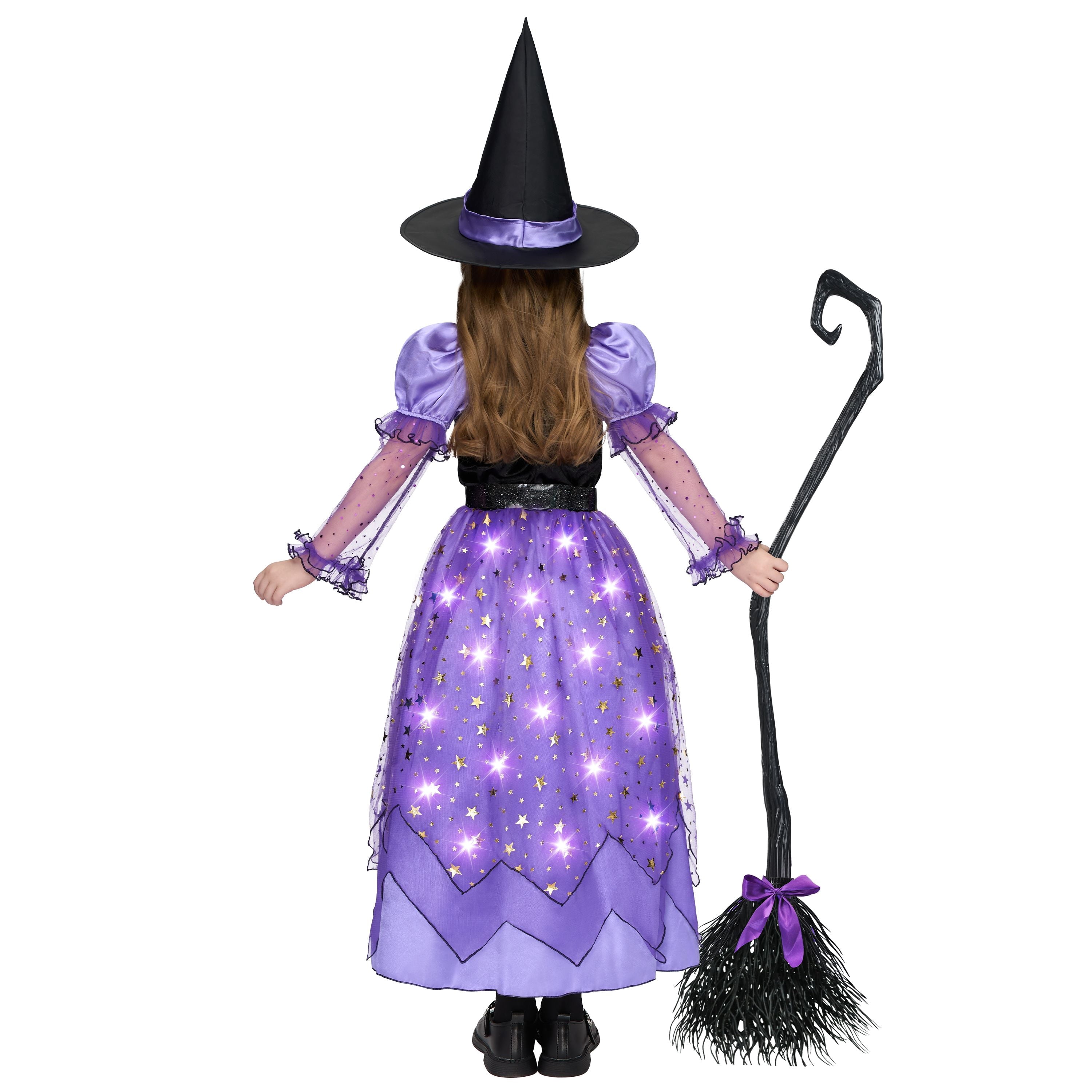 Joyfy Light Up Witch Costume Set for Girls, Starry Witch Dress with Broom Belt Hat for Kids and Toddlers, Perfect for Halloween Party Dress-Up Cosplay (5-12 Years)