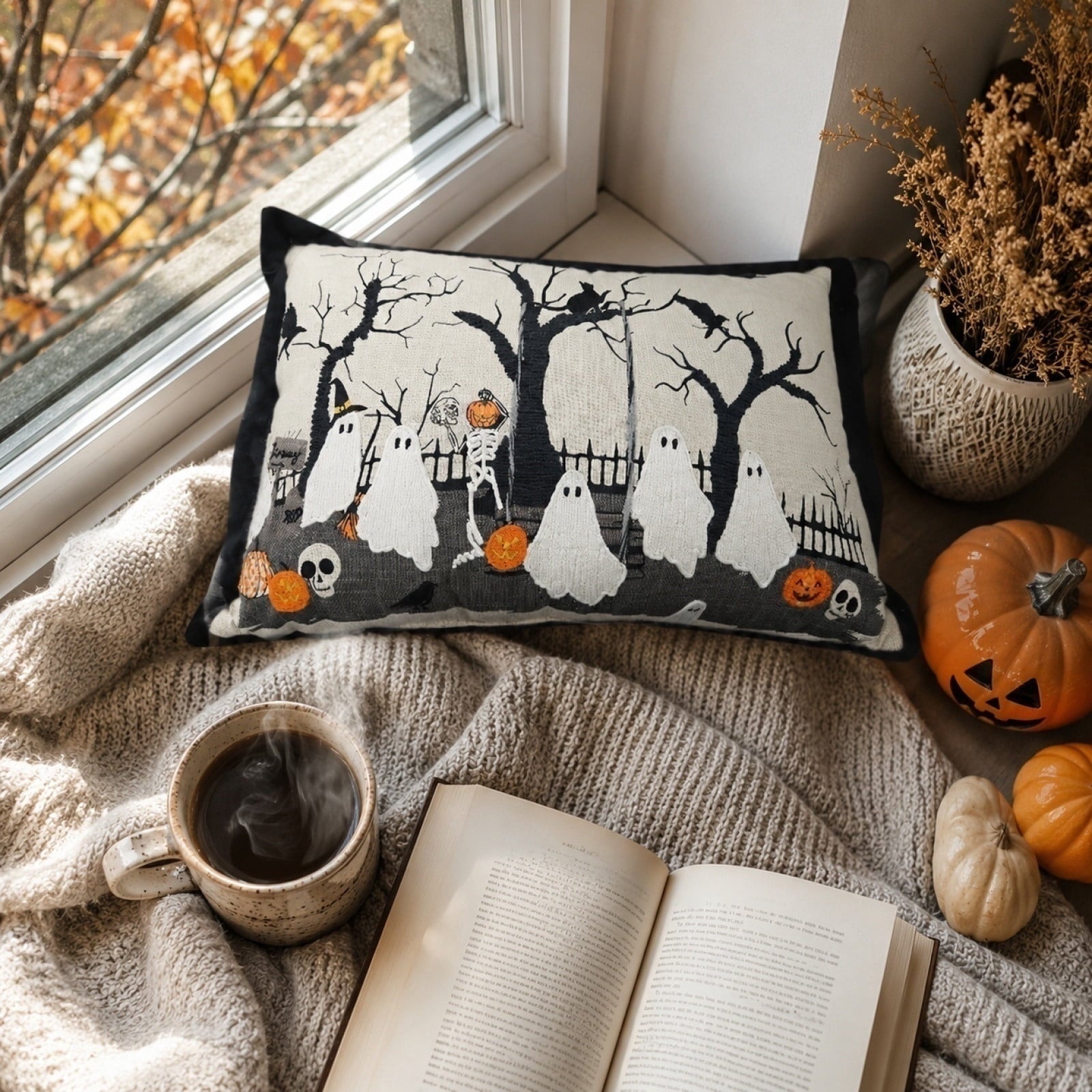 Halloween Ghost Reading Book Throw Pillow Cover, Spooky Library Bookshelf Skull Candlestick Decorative Pillowcase, Retro Halloween Cushion Cover