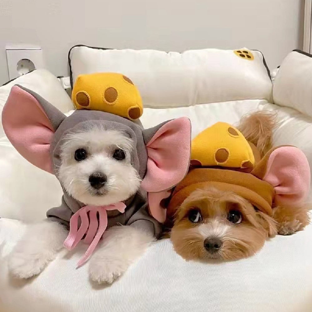 WILLED Winter Big Ear Mouse Dog Hoodies, Cute Cheese Warm Pet Halloween Costume, for Small to Medium Dogs, Puppy French Bulldog, Chihuahua, Gray, XXS