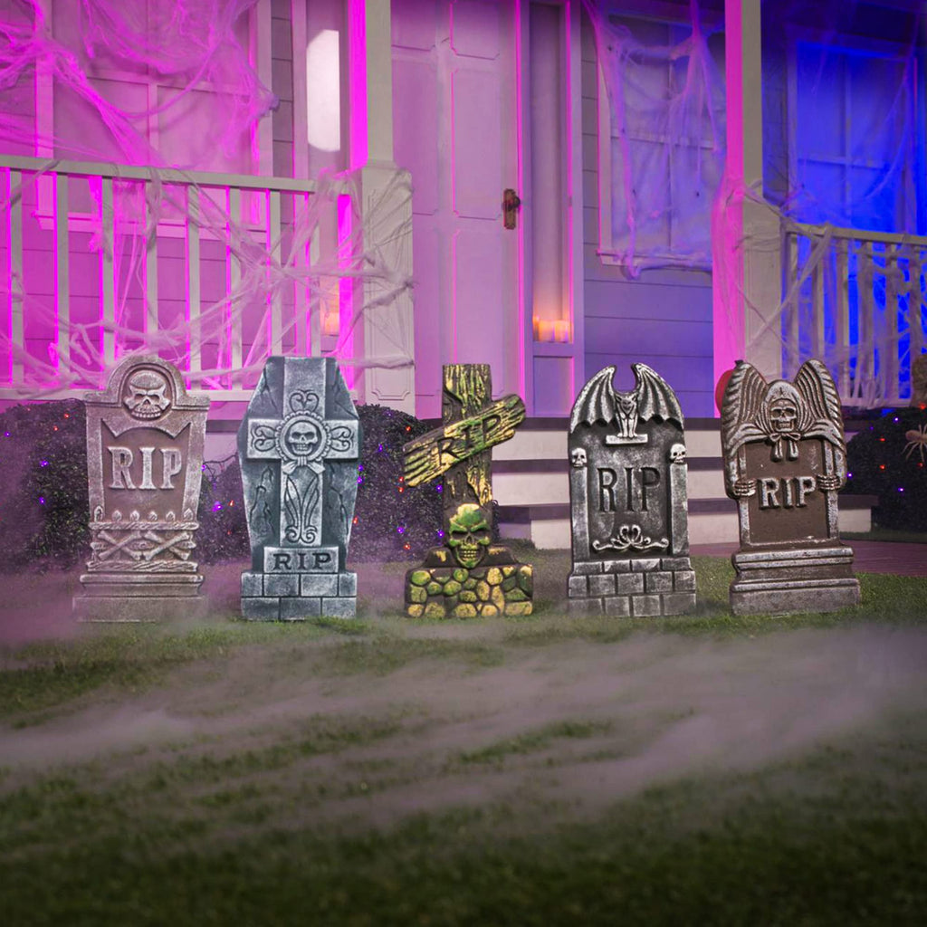 Joyfy 17" Halloween 5 Pack Tombstone Decorations, Foam RIP Graveyard Signs Cemetery Headstones Scary Outdoor Indoor Halloween Decor with 12 Metal Stakes for Easy Set Up, Waterproof for Garden Lawn