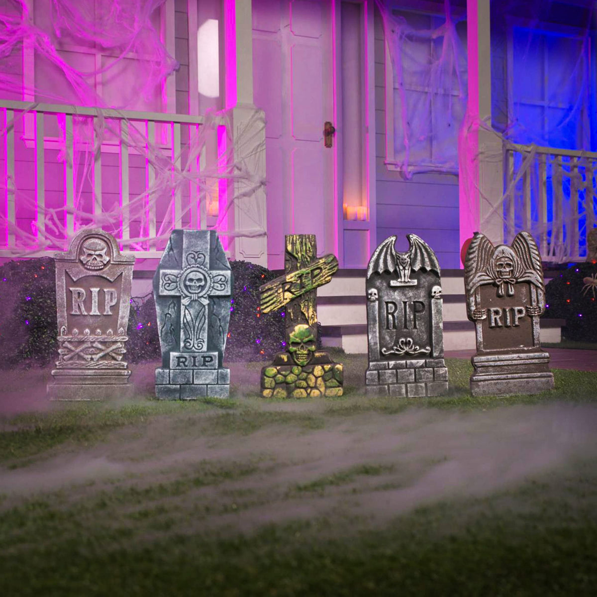 Joyfy 17" Halloween 5 Pack Tombstone Decorations, Foam RIP Graveyard Signs Cemetery Headstones Scary Outdoor Indoor Halloween Decor with 12 Metal Stakes for Easy Set Up, Waterproof for Garden Lawn